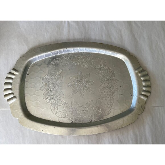 Vintage Lehman Hand Forged Aluminum Oval Serving Tray Flowers 17.75" x 11.75" - Picture 1 of 8